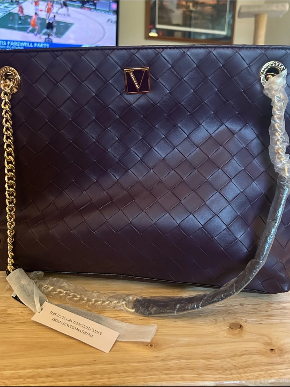 Victoria's Secret Quilted Tote in Deep Purple with Gold Chain